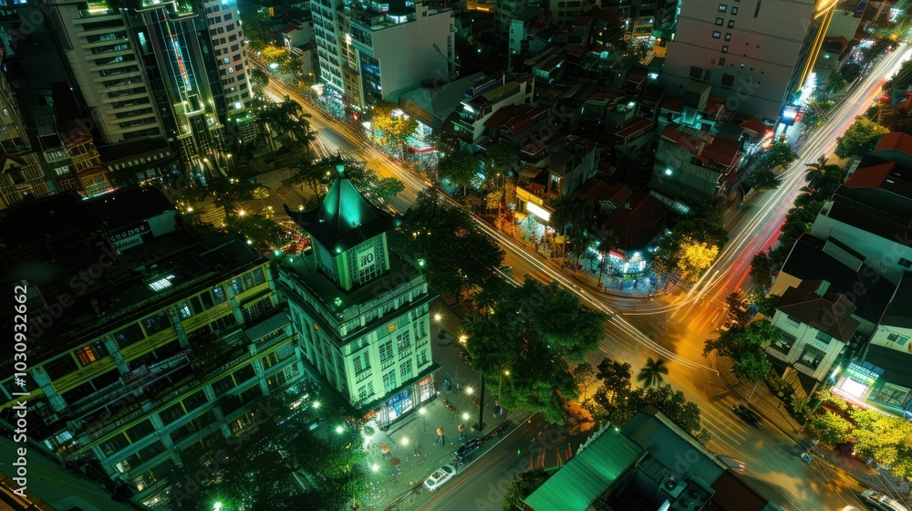 Obraz premium A Bird's Eye View of a City Intersection at Night