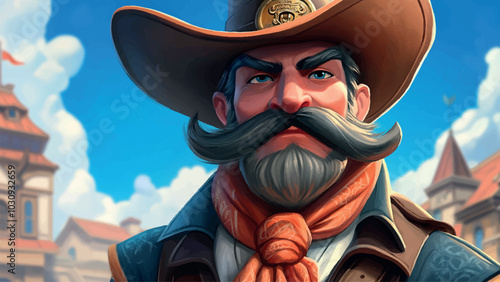 Portrait of Imposing Mustachioed Sheriff Wearing Cowboy Hat and Scarf Around Neck Cartoon Background Illustration Featuring Classic Lawman Character Western Style Atmosphere