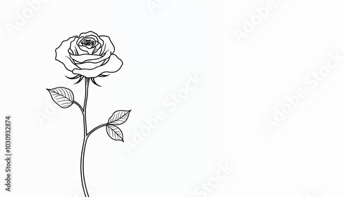 A black and white sketch of a single rose with a stem and leaves