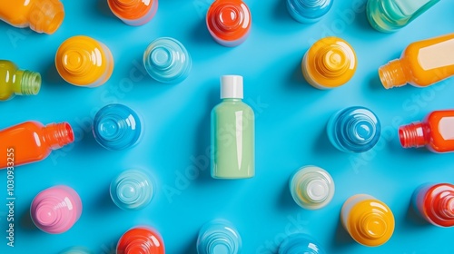 vibrant cosmetic bottles around central bottle on flat blue background top view photo