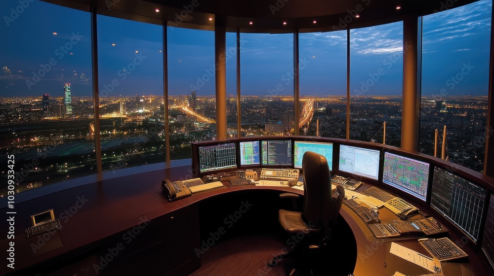 Fototapeta premium Nighttime View of City from a High-Rise Office with Desk and Monitors