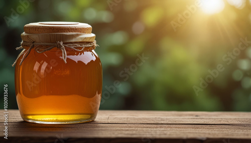 Honey Jar on Rustic Wooden Table in Nature