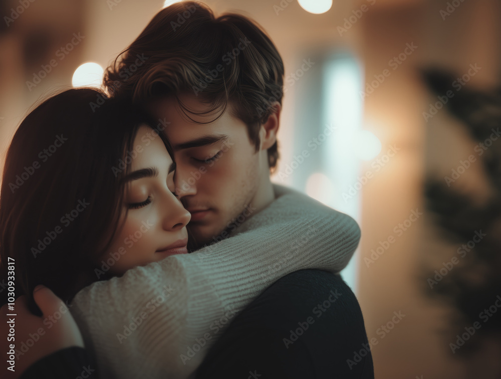 Close-up portrait of man and woman hugging on blurred background. Feeling sorry, support, forgiveness Close-up portrait of man and woman hugging on blurred background. Feeling sorry, support, forgiveness