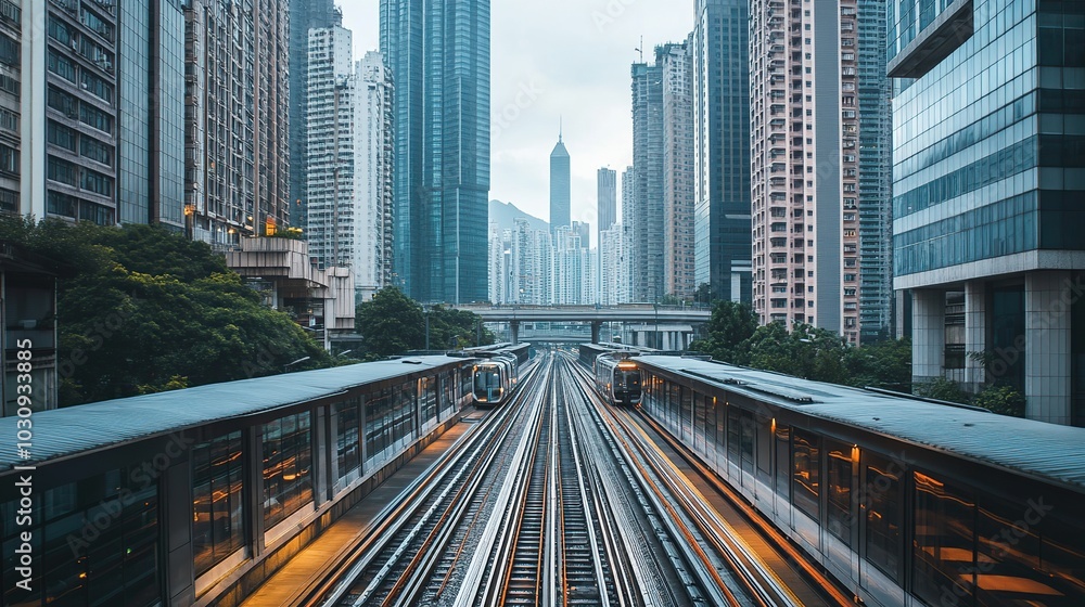 Fototapeta premium Metro rail system in the middle of a modern city with skyscrapers