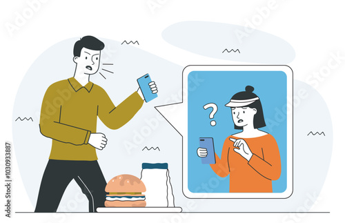 Woman with dissatisfied customer. Young guy yells at girl with burgers and fries. Cafe with takeaway eating and fast food. Negative feelings and emotions. Linear vector illustration