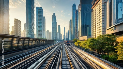 Metro rail system in the middle of a modern city with skyscrapers