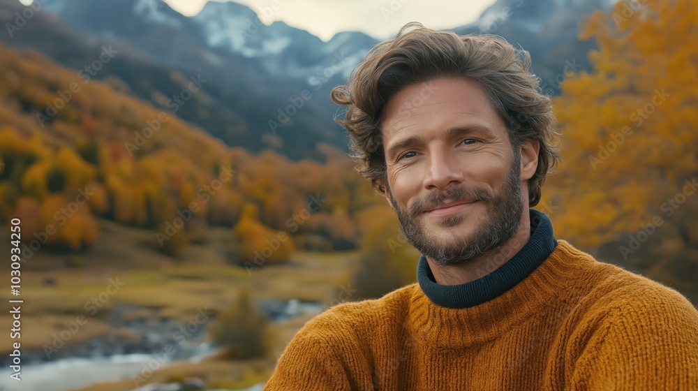 A handsome man in a cozy sweater smiles warmly, surrounded by stunning autumn scenery and mountains A handsome man in a cozy sweater smiles warmly, surrounded by stunning autumn scenery and mountains