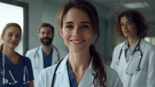 Smiling female doctor standing with medical colleagues in a hosp photo