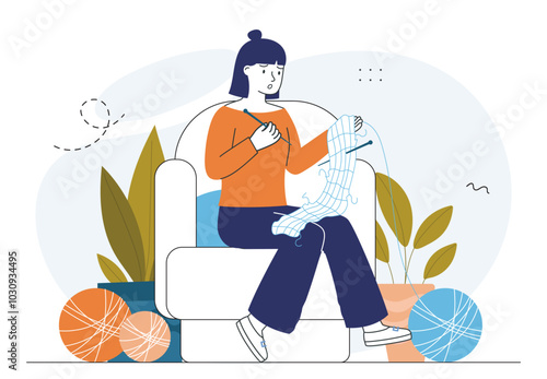Woman failed knitting. Young girl with sewing needles and threads. Sewing failures. Problems and troubles. Mistake in sewing process. Linear vector illustration