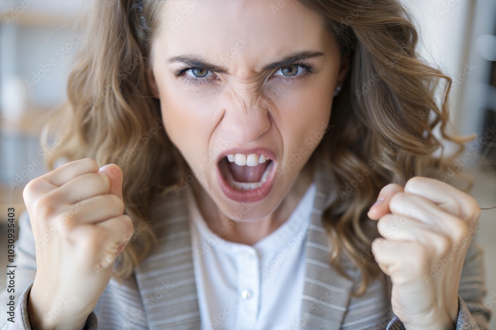 A woman with curly hair furiously displays her anger, raising her fists and shouting in an office environment, showcasing intense emotions. Generative AI A woman with curly hair furiously displays her anger, raising her fists and shouting in an office environment, showcasing intense emotions. Generative AI