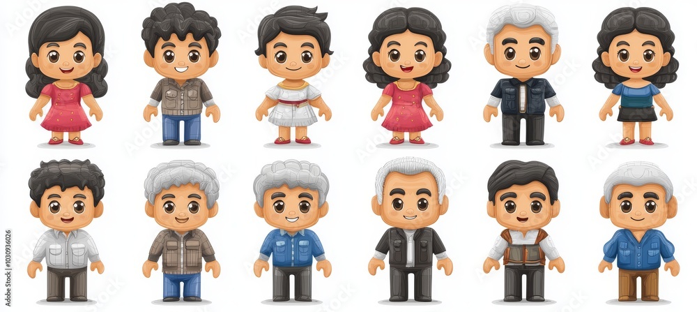 Obraz premium Animated family cartoon characters. Mother and father, son and daughter, grandparents and uncles. Relationships and parenthood concept with modern flat cartoon graphics.