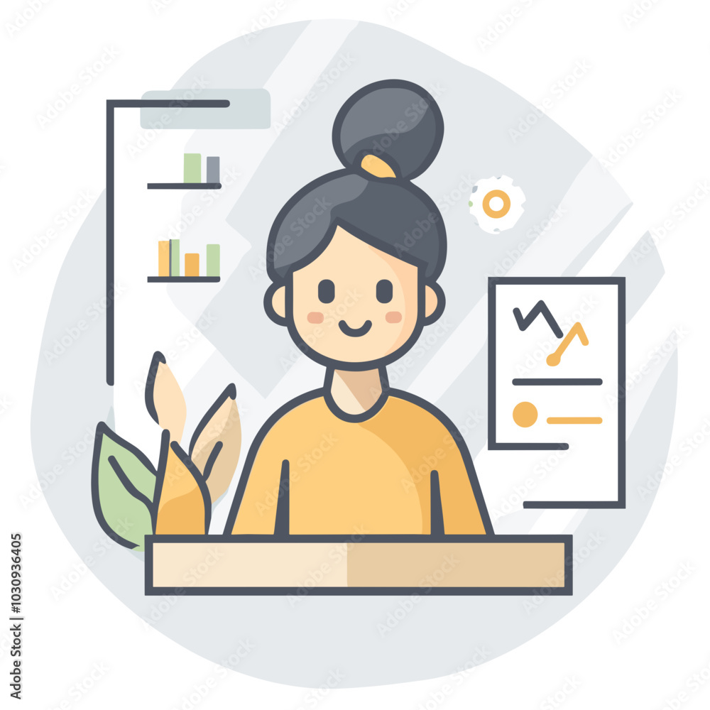 Calm illustration of a person in a serene workspace with plants and documents