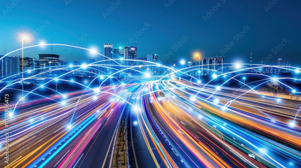 Cityscape with Intertwined Lines of Light and Network Connections Cityscape with Intertwined Lines of Light and Network Connections