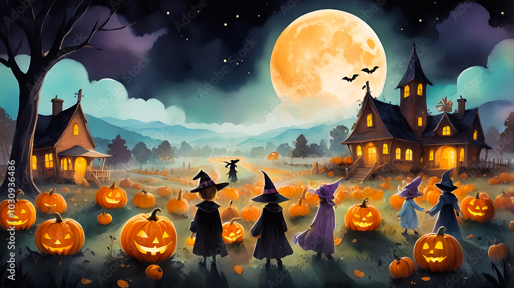 Fototapeta premium Dreamy Halloween festival illustrated in watercolor style.