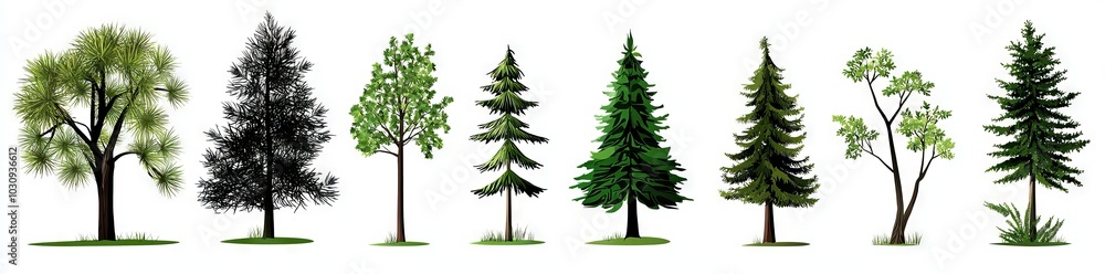 Obraz premium Wild coniferous trees hand-drawn in silhouette. Bunch of wild coniferous forest trees, firs, pines, mountain pines, ship pines composition of young fir trees, spruce forest.