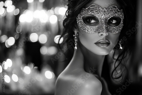 Elegant woman wearing sparkling mask at glamorous masquerade ball