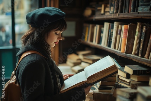 Young woman reading in cozy vintage bookstore photo