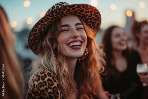 Joyful woman in leopard print hat enjoying a rooftop party with friends photo