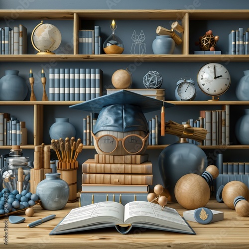 Books graduation cap and academic objects on shelves