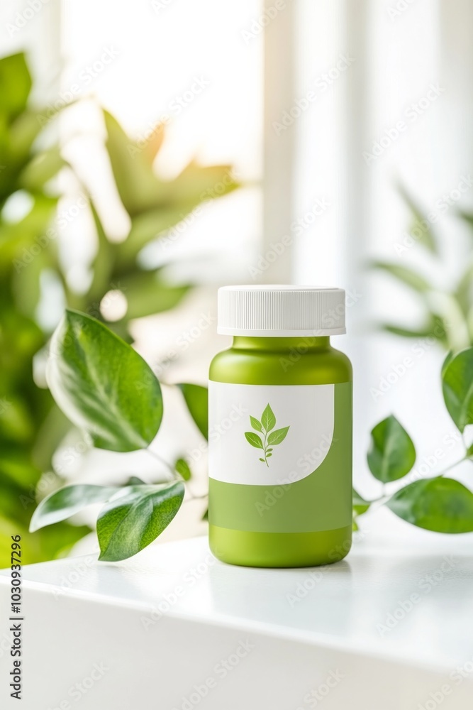 Sleek green supplement bottle surrounded by fresh plant leaves in a well-lit modern setting Sleek green supplement bottle surrounded by fresh plant leaves in a well-lit modern setting
