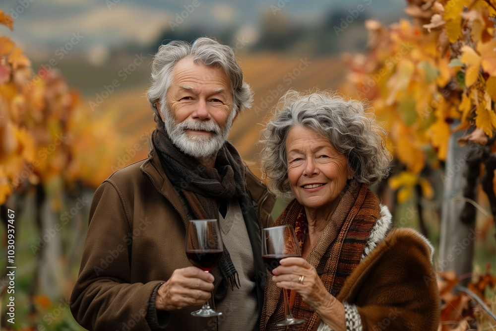 Elderly couple enjoying wine in vineyard during autumn season, celebrating their lifelong companionship Elderly couple enjoying wine in vineyard during autumn season, celebrating their lifelong companionship