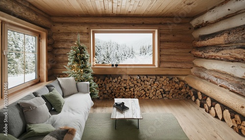 Home mockup, cozy log cabin interior background, 3d render