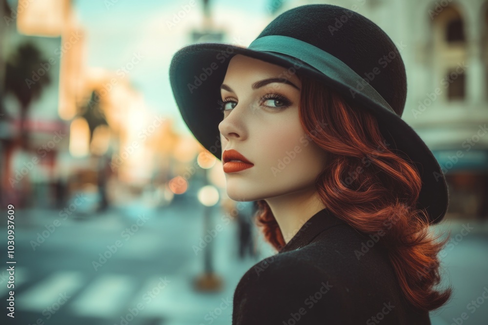 Elegant woman in wide-brimmed hat on city street with vintage style Elegant woman in wide-brimmed hat on city street with vintage style