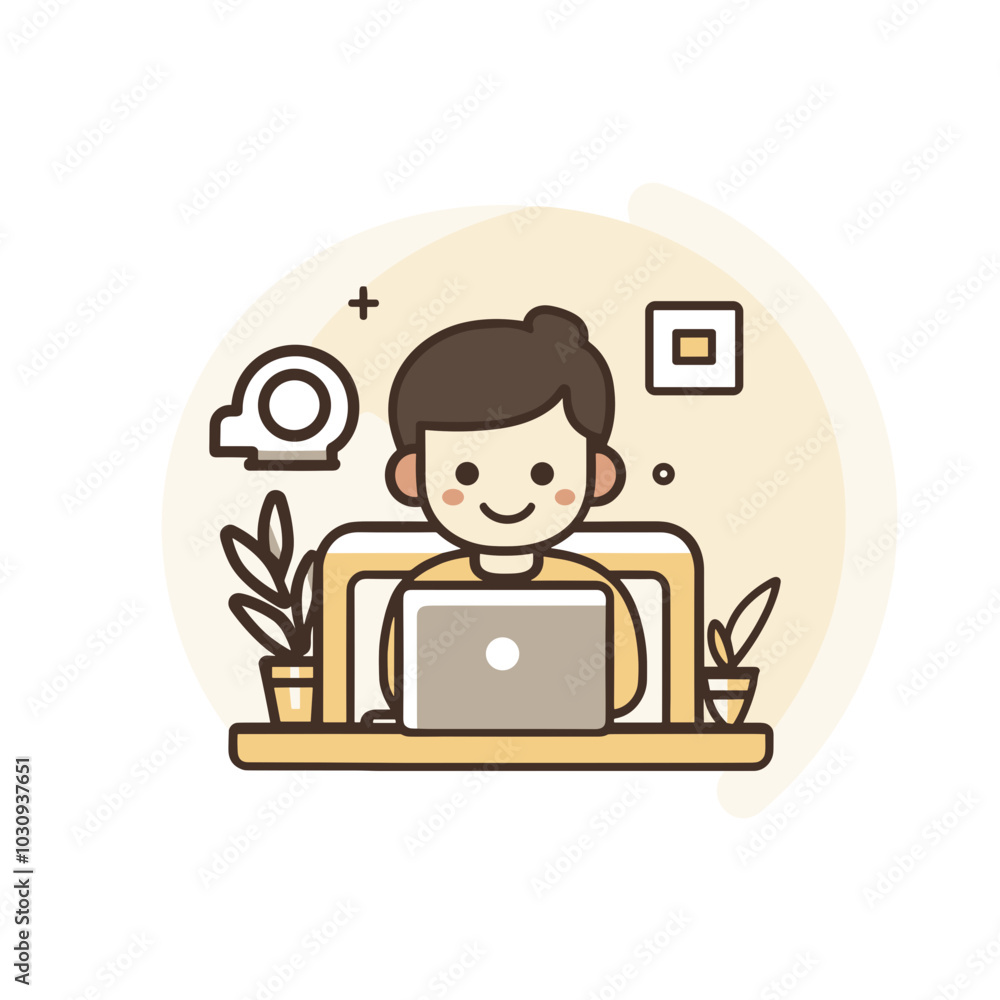 Charming illustration of a person happily working on a laptop in a cozy setting