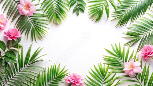 pink flower border with palm leaves on white background Forced Perspective