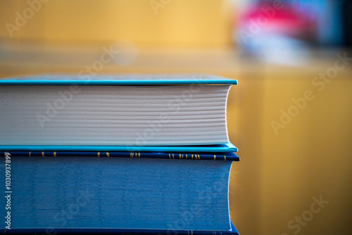 Obraz na płótnie A close-up of two books stacked on top of each other, with a blurred background. The top book has a blue cover and the bottom book has a blue and gold cover. w salonie