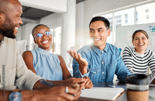 Business people, meeting and laugh in office with digital media management and group chat. Teamwork, conversation and online campaign launch and planning with laptop and diversity at startup photo