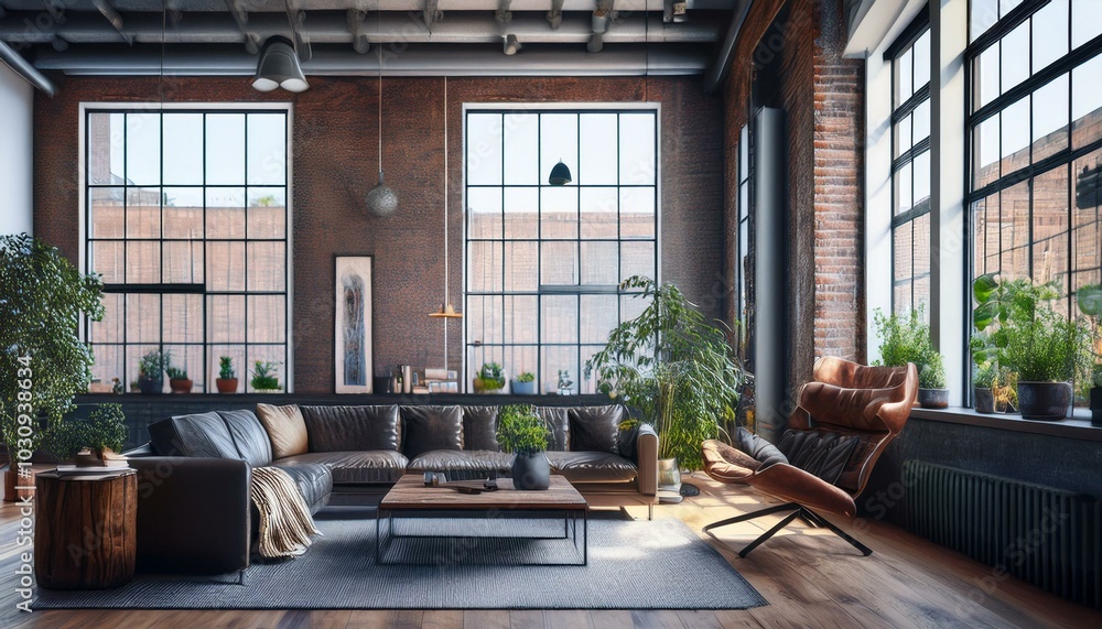 Living room interior in loft, industrial style, 3d render Living room interior in loft, industrial style, 3d render