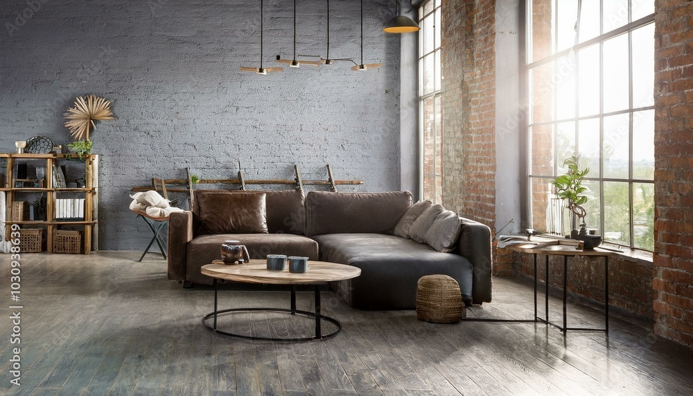 Living room interior in loft, industrial style, 3d render Living room interior in loft, industrial style, 3d render