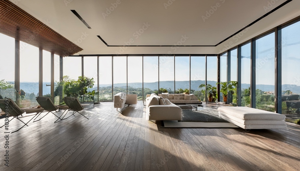 Luxury modern penthouse interior with panoramic windows, 3d render Luxury modern penthouse interior with panoramic windows, 3d render