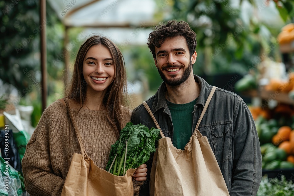 Happy Couple Shopping for Fresh Vegetables at a Vibrant Outdoor Farmers Market Happy Couple Shopping for Fresh Vegetables at a Vibrant Outdoor Farmers Market