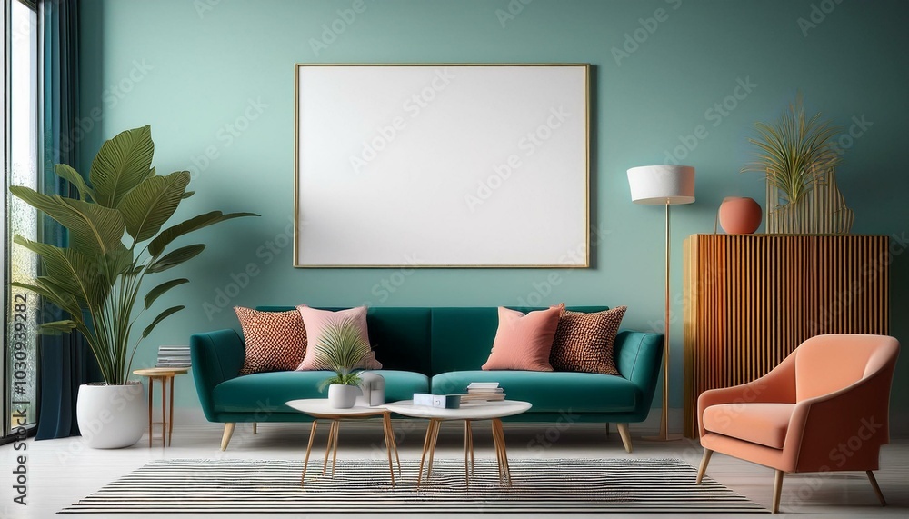 Fototapeta premium Poster frame mock-up in home interior background with sofa, table and decor in living room, 3d render