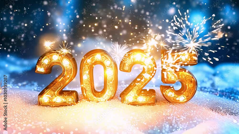 Golden glowing 2025 numbers and fireworks on snowy background Golden glowing 2025 numbers and fireworks on snowy background