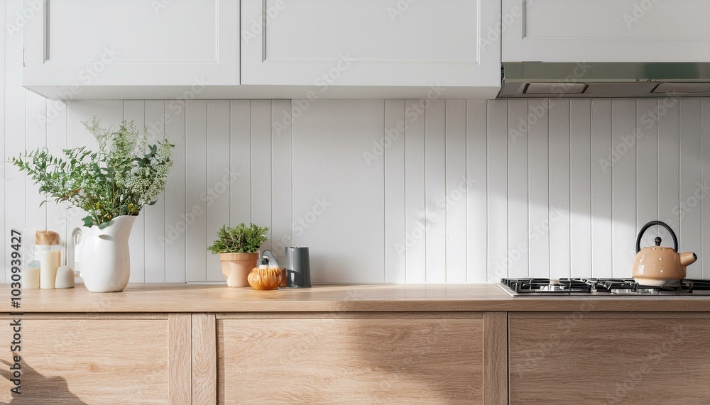 Scandinavian kitchen interior, wall mock up, 3d render