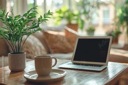 Cozy Home Office with Laptop, Coffee, and Greenery for a Productive Workspace