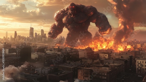 As flames engulf the city, a colossal superhero valiantly protects the skyline from total destruction photo