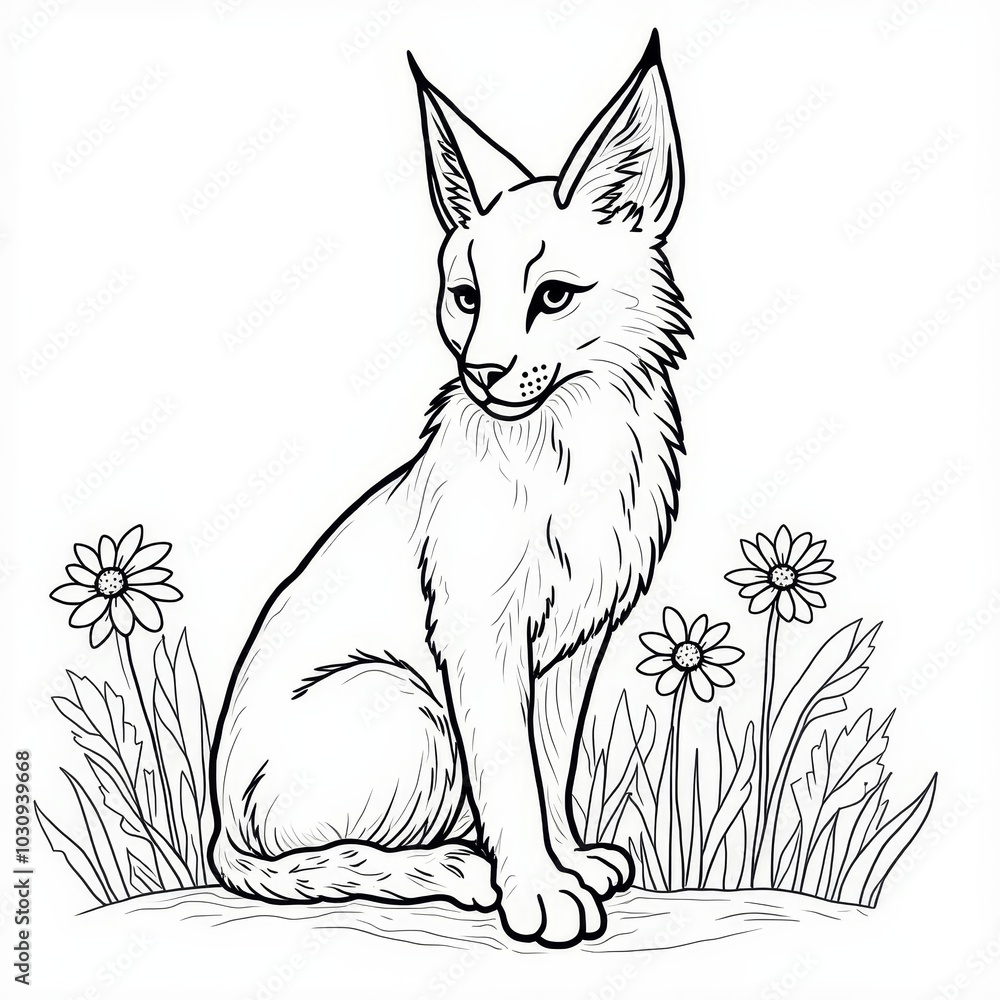 Obraz premium A lynx sits gracefully among wildflowers in a serene natural setting surrounded by blooming plants