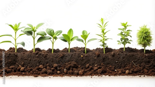 Realistic soil and plants row isolated on white background