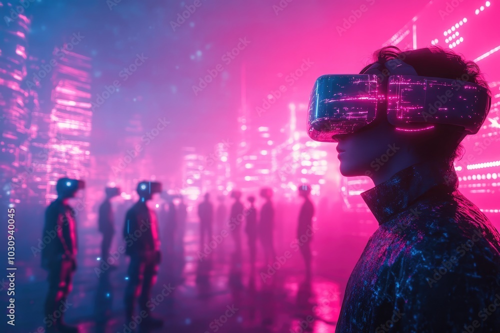 Fototapeta premium Futuristic Virtual Reality: Neon Cityscape and Immersive Technology