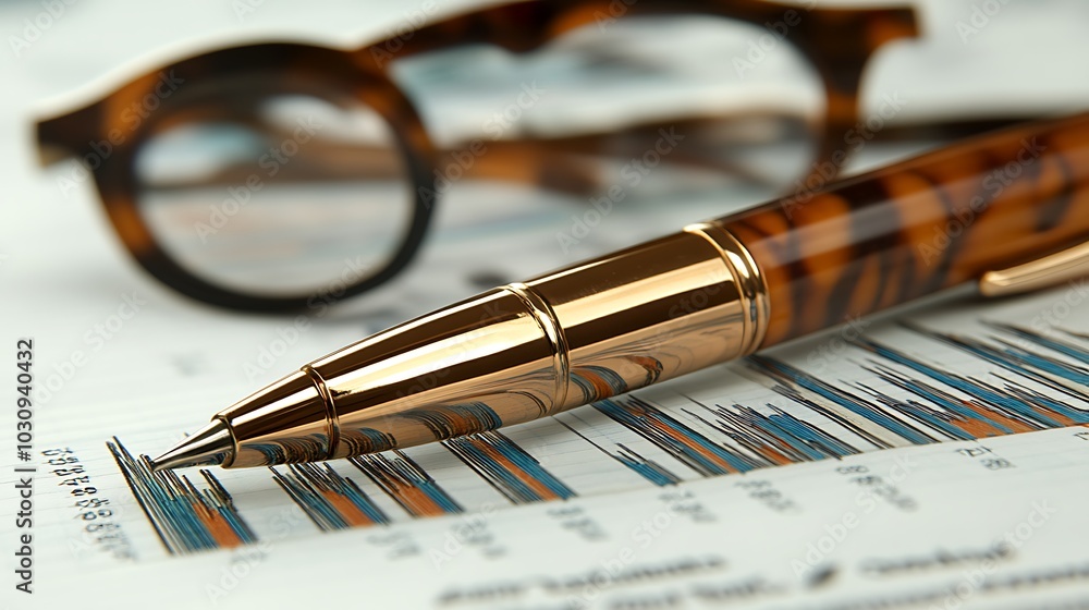 Fototapeta premium A gold pen rests on a financial report with glasses out of focus in the background.