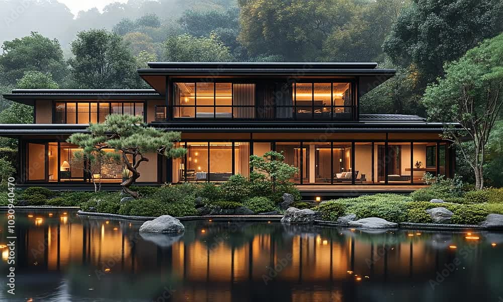 Modern house design reflecting in a serene pond, surrounded by lush greenery. Modern house design reflecting in a serene pond, surrounded by lush greenery.