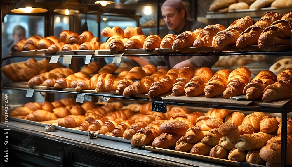 A bustling bakery scene showcasing freshly baked bread and pastries, with a baker pulling warm croissants from the oven A bustling bakery scene showcasing freshly baked bread and pastries, with a baker pulling warm croissants from the oven