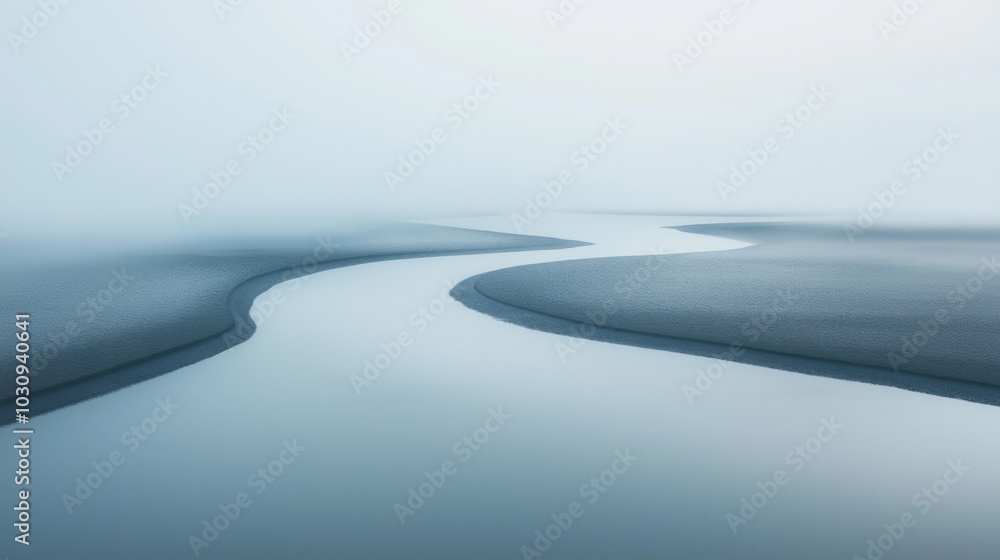 A tranquil river winding through a foggy landscape, creating a peaceful atmosphere. A tranquil river winding through a foggy landscape, creating a peaceful atmosphere.