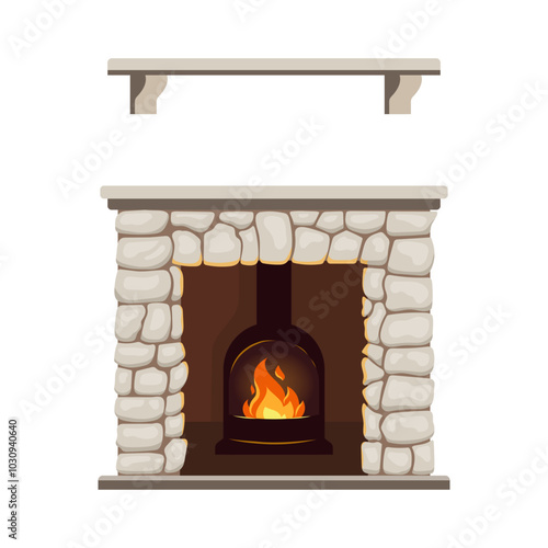 Cozy winter interior bonfire or hearth with mantelpiece. Classic fireplace made of stone, burning flame blazing inviting warm fire. Home fireplace for comfort and relaxation. Vector flat illustration