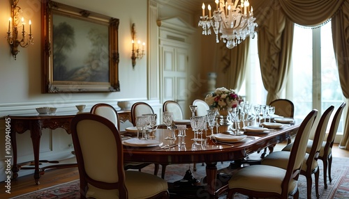 A traditional dining room featuring a grand wooden table set with fine china, polished silverware, and crystal glasses, surrounded by upholstered chairs and framed artwork on the walls photo