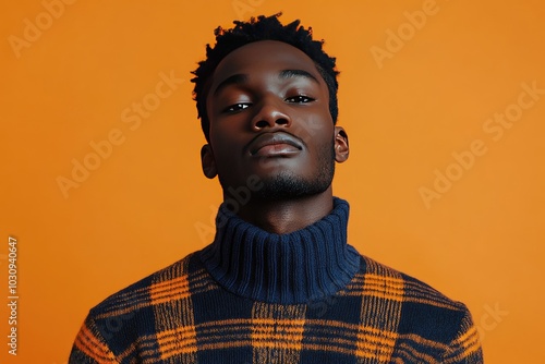 Confident Man in Plaid Sweater Against Vivid Orange Background